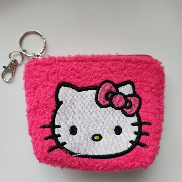 Hello Kitty Pink Fuzzy Coin Purse Keychain With Zipper Closure & Metal Clasp - Picture 1 of 5